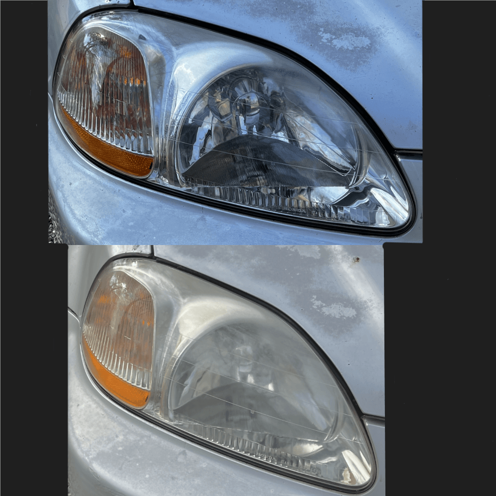 Before and after headlight restoration comparison