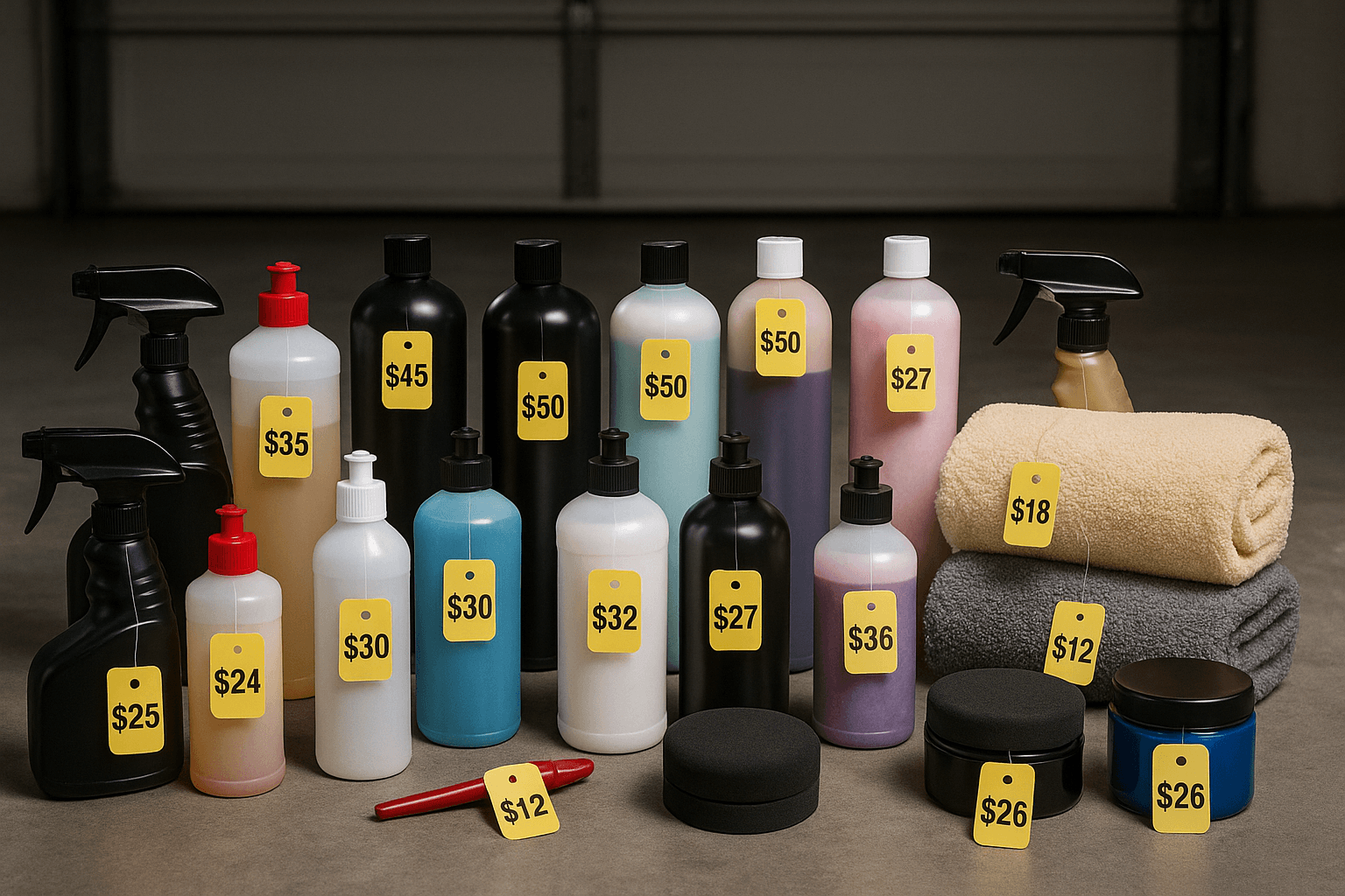 Car detailing supplies with price tags
