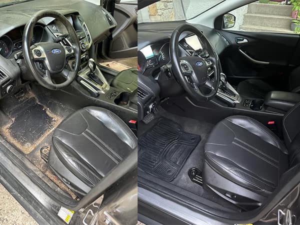 Split image showing messy car interior beside same interior after professional detailing